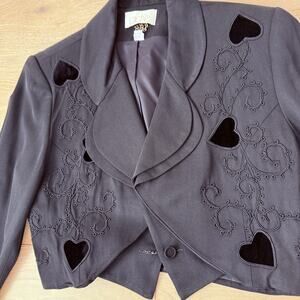 Whimseygoth Black Cropped Blazer Heart Cutout Applique Velvet Wool Jacket sz 12